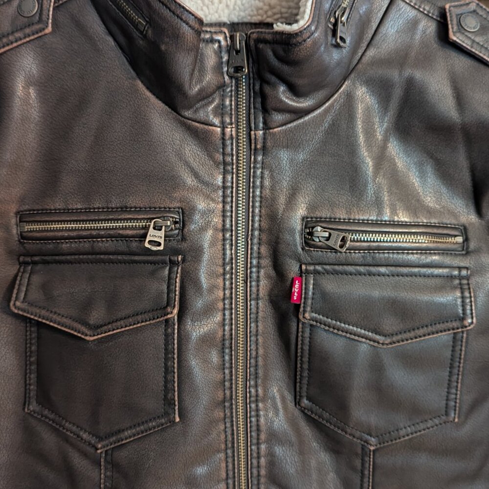 Men's NWT Levi's sherpa lined faux leather aviator bomber jacket, brown, size XL - Picture 3 of 6